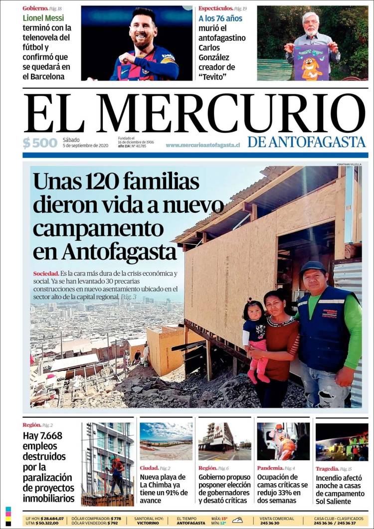 Portada de El Mercurio de Antofagasta (Chile)
