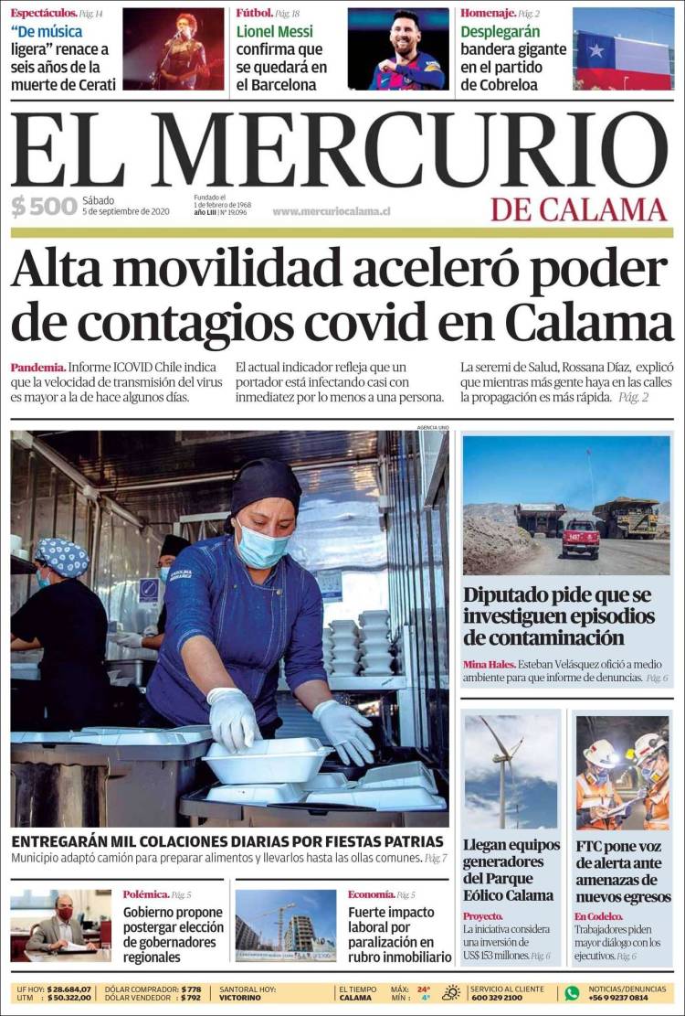 Portada de El Mercurio - Calama (Chile)