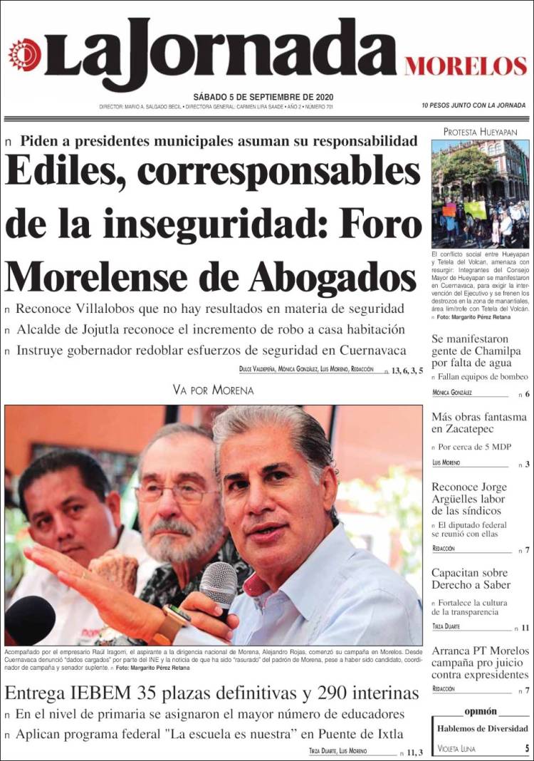 Portada de La Jornada - Morelos (M&eacute;xico)