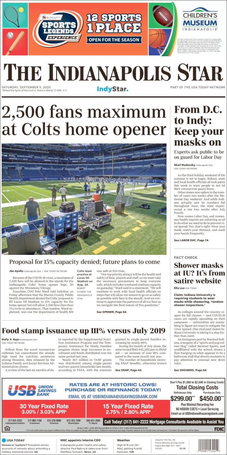 Portada de The Indianapolis Star (USA)