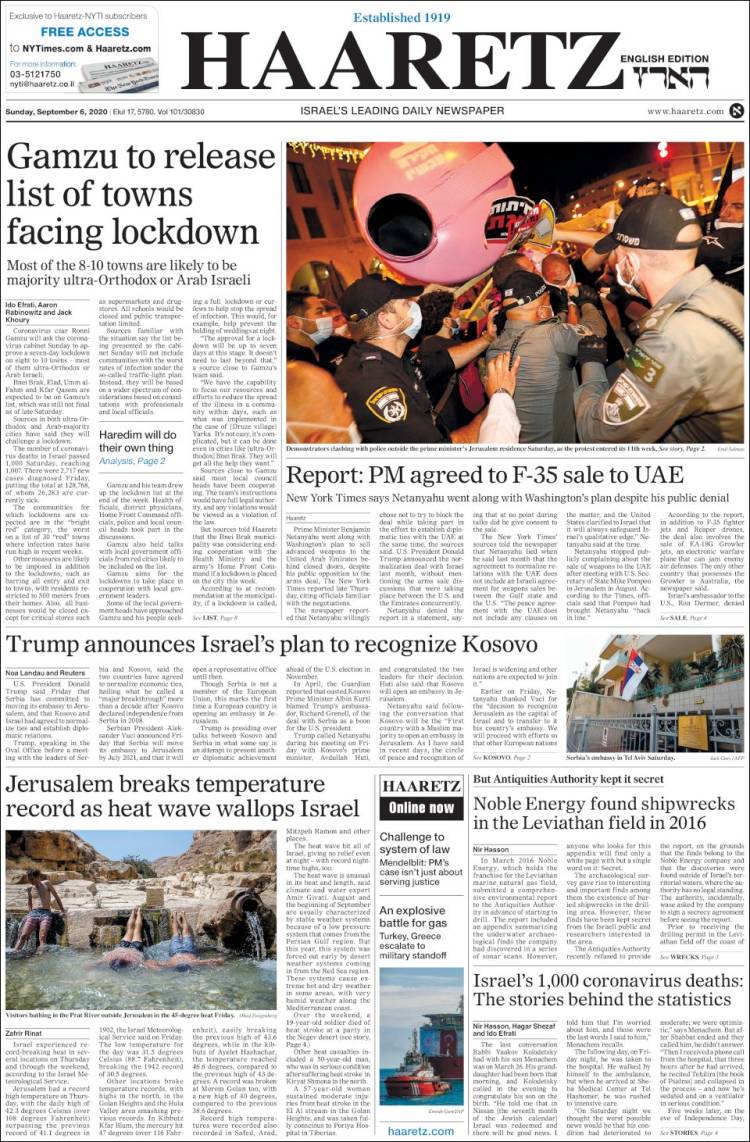 Portada de Haaretz (Israel)