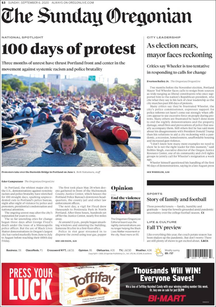 Portada de The Oregonian (USA)