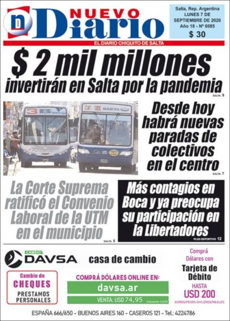 Portada de Nuevo Diario de Salta (Argentina)