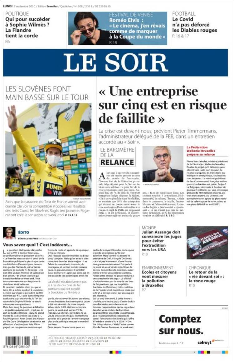 Portada de Le Soir (B&eacute;lgica)