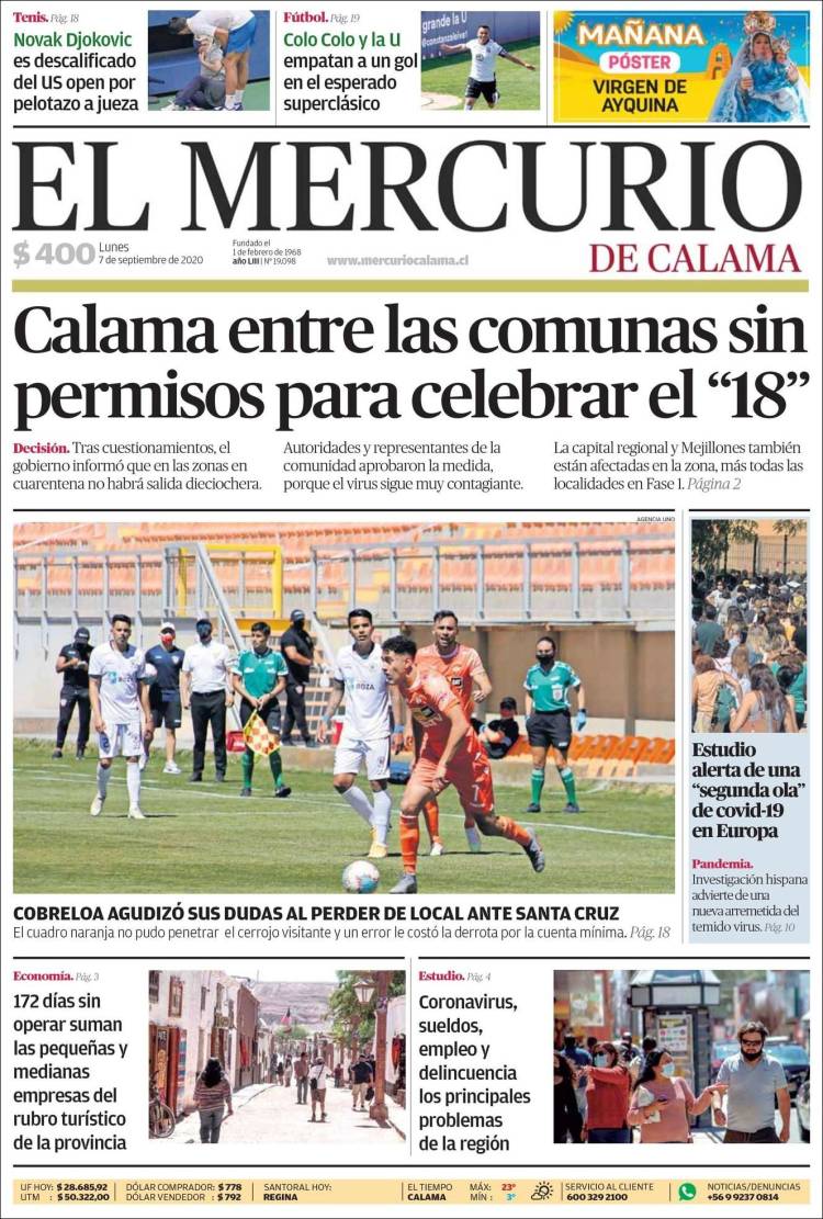 Portada de El Mercurio - Calama (Chile)