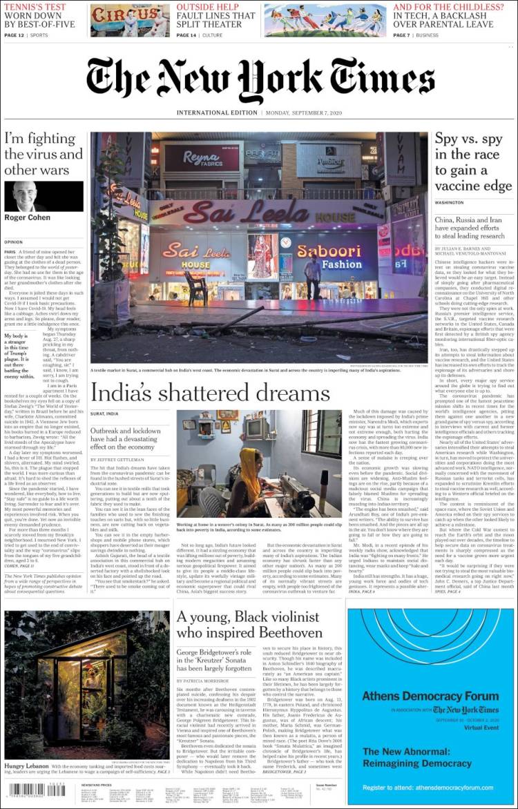 Portada de International New York Times (Europa)