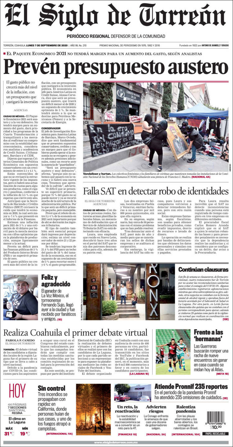 Portada de El Siglo de Torreon (M&eacute;xico)