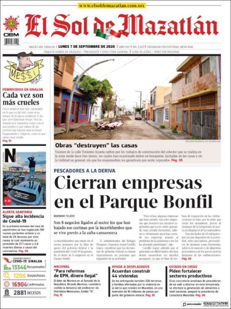 Portada de El Sol de Mazatlán (M&eacute;xico)