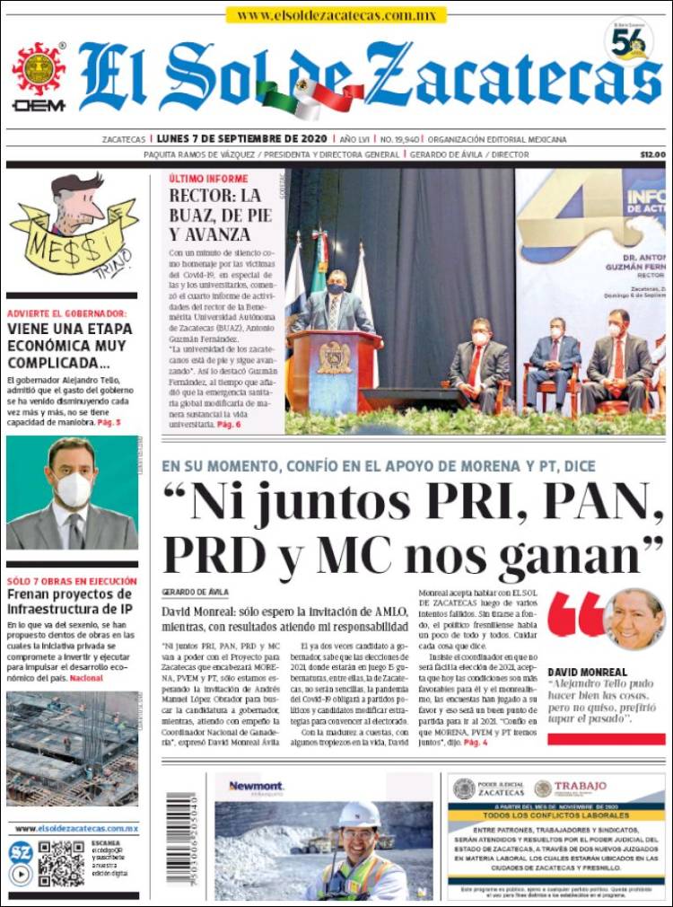 Portada de El Sol de Zacatecas (M&eacute;xico)