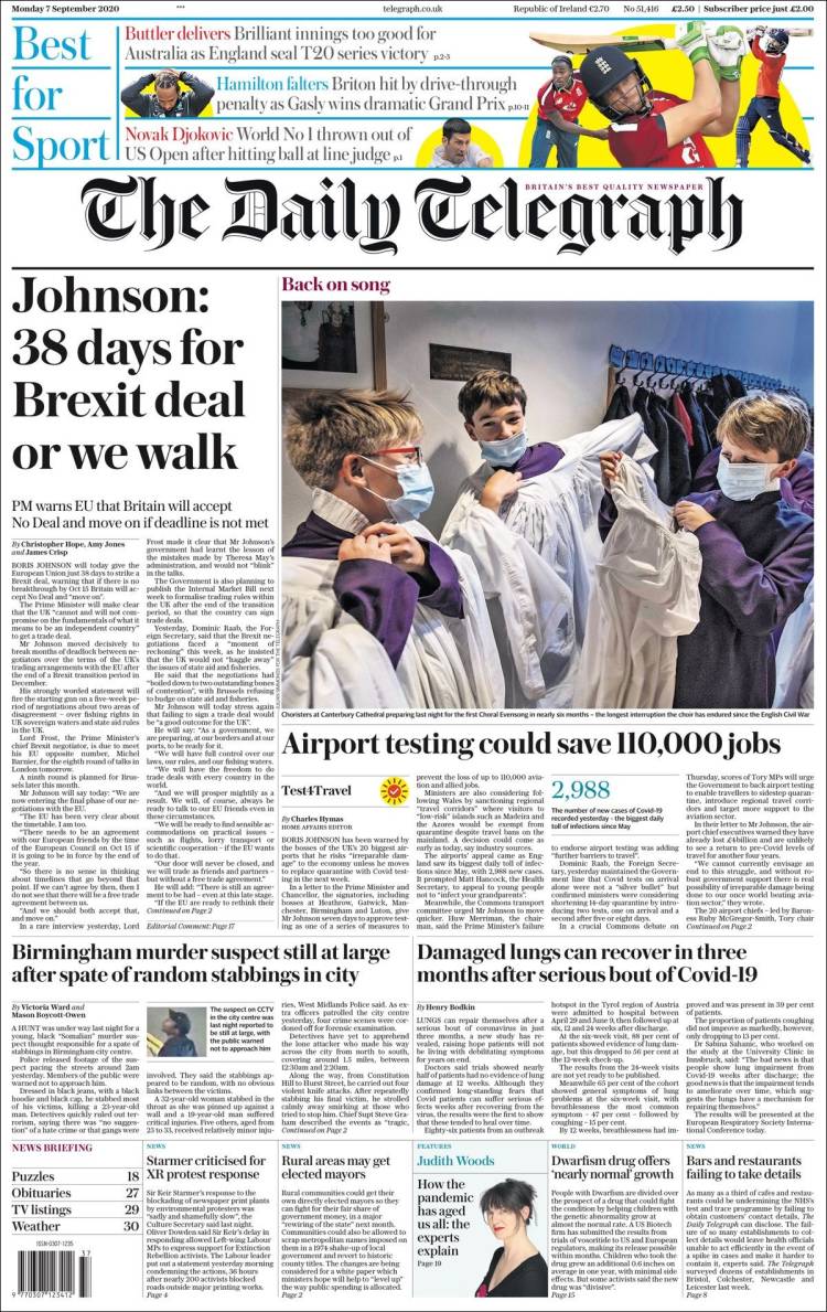 Portada de Daily Telegraph (Reino Unido)