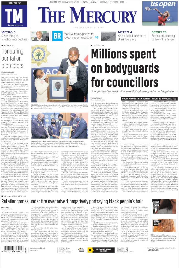 Portada de The Mercury (Sud&aacute;frica)