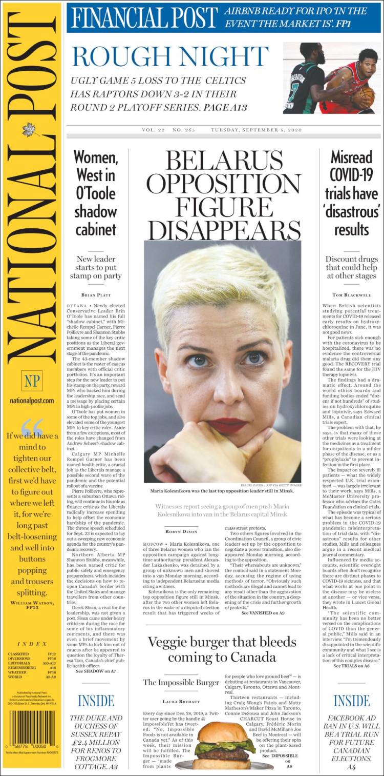 Portada de The National Post (Canadá)