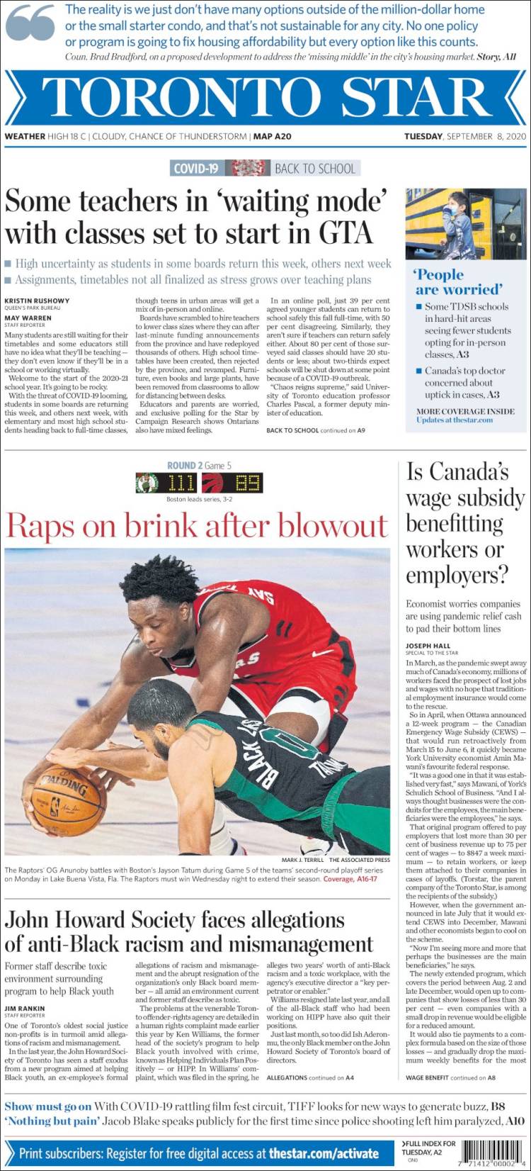 Portada de The Toronto Star (Canadá)