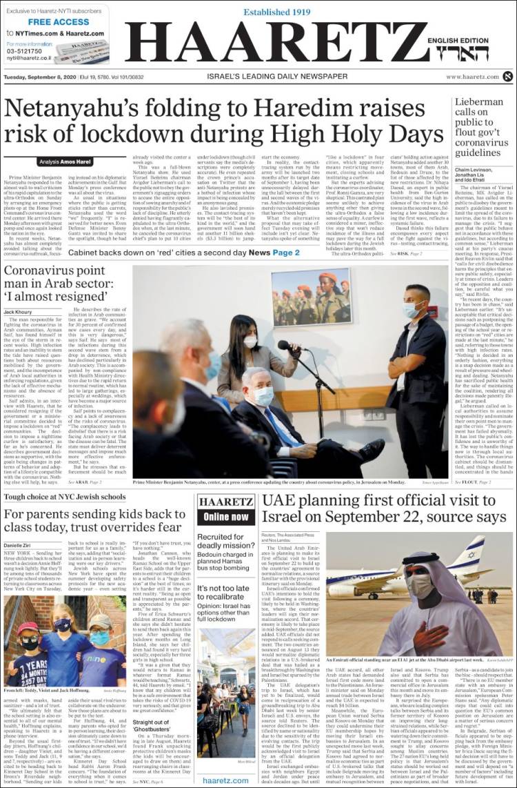 Portada de Haaretz (Israel)