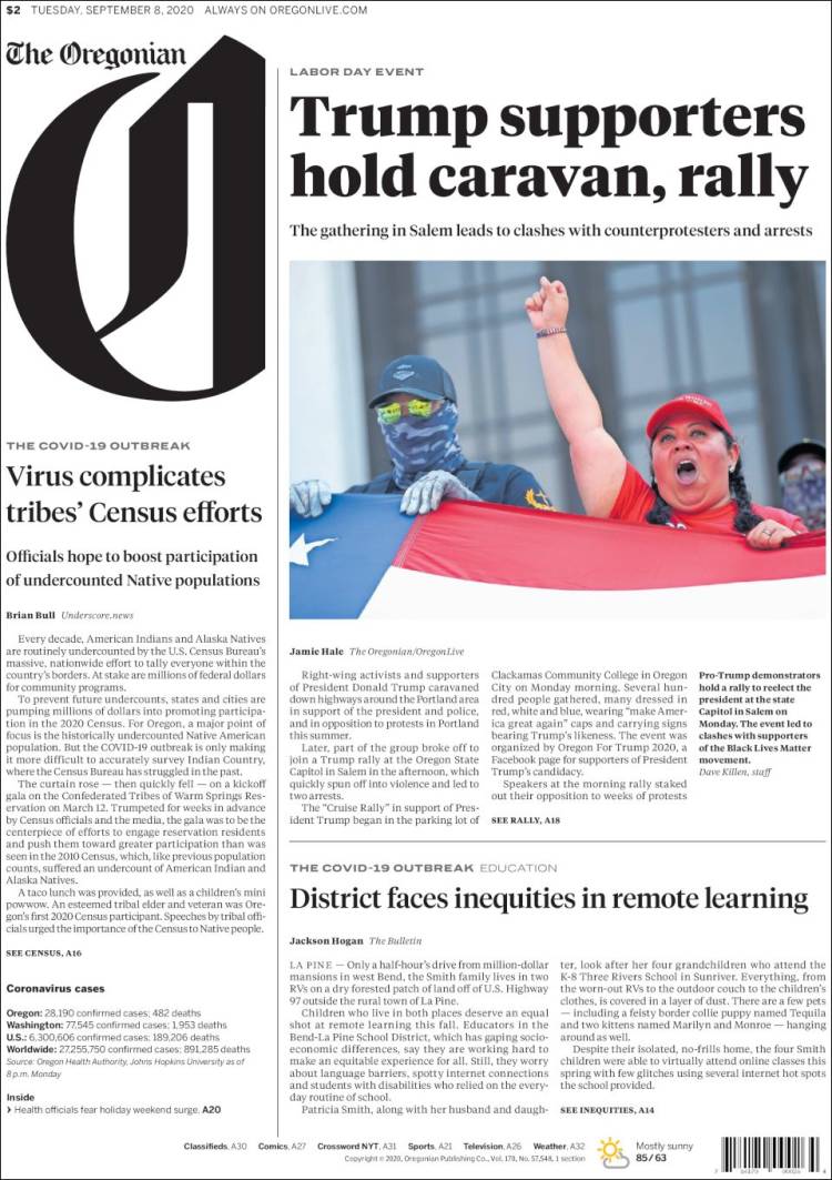 Portada de The Oregonian (USA)