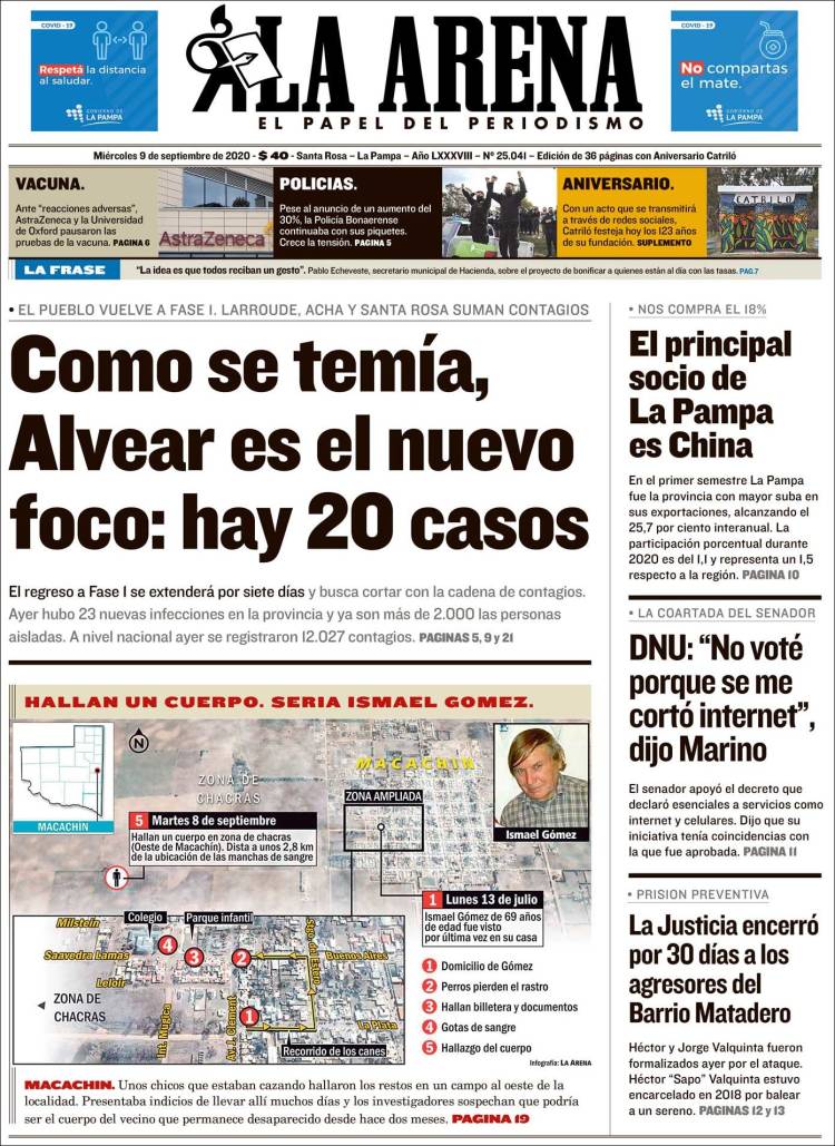 Portada de Diario La Arena (Argentina)