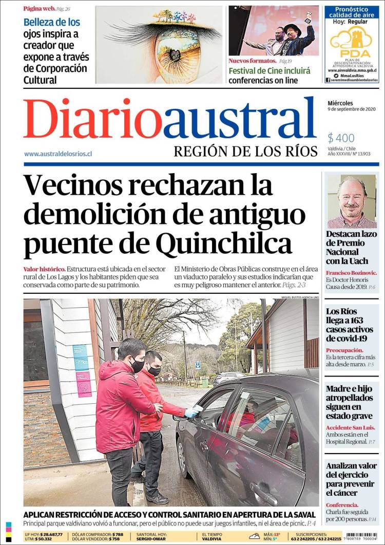 Portada de El Diario Austral de Valdivia (Chile)