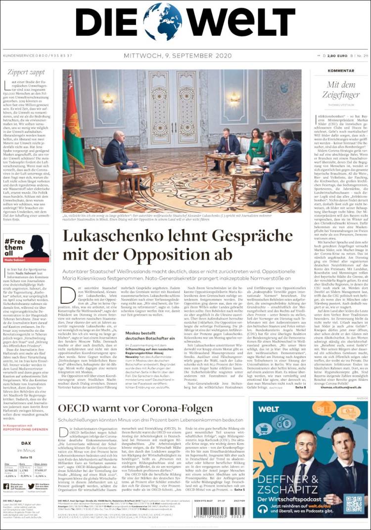 Portada de Die Welt (Alemania)