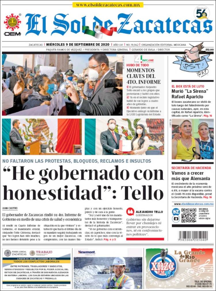 Portada de El Sol de Zacatecas (M&eacute;xico)