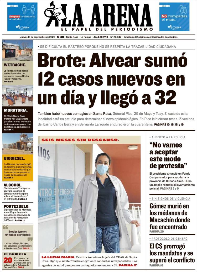 Portada de Diario La Arena (Argentina)