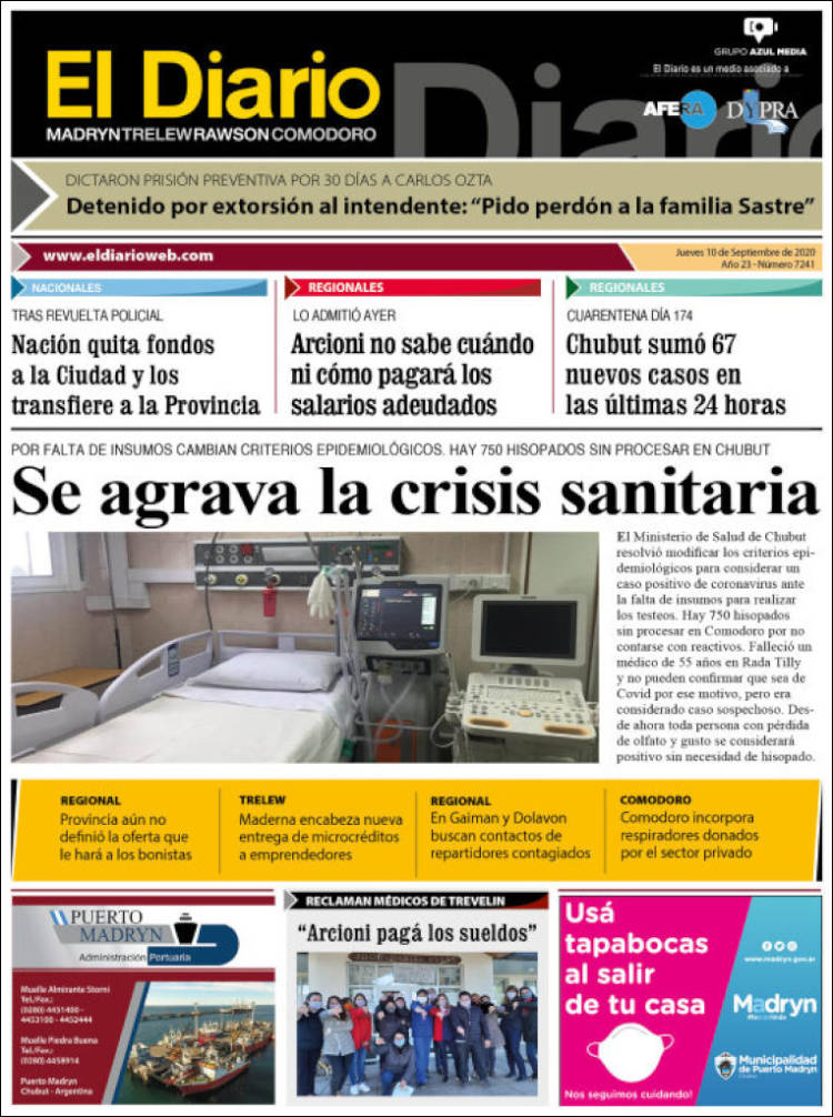 Portada de El Diario de Madryn (Argentina)