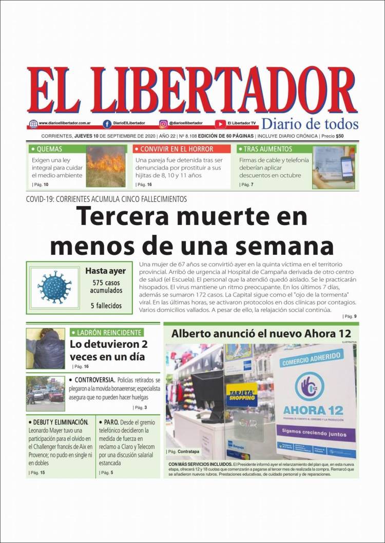 Portada de Diario El Libertador (Argentina)
