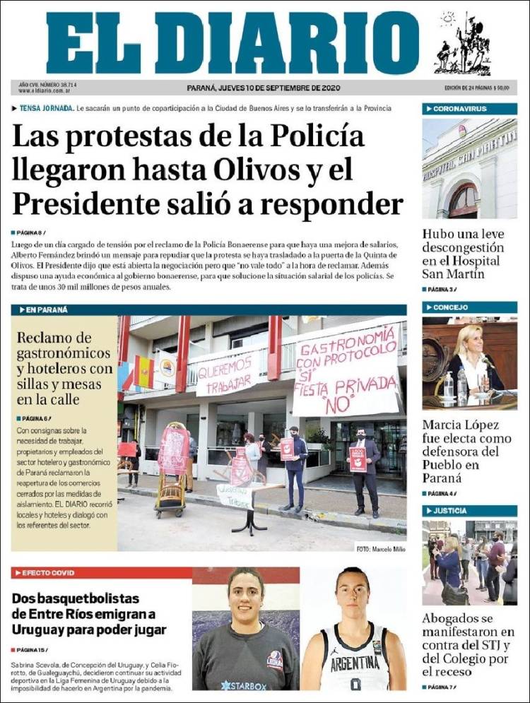Portada de El Diario de Paraná (Argentina)