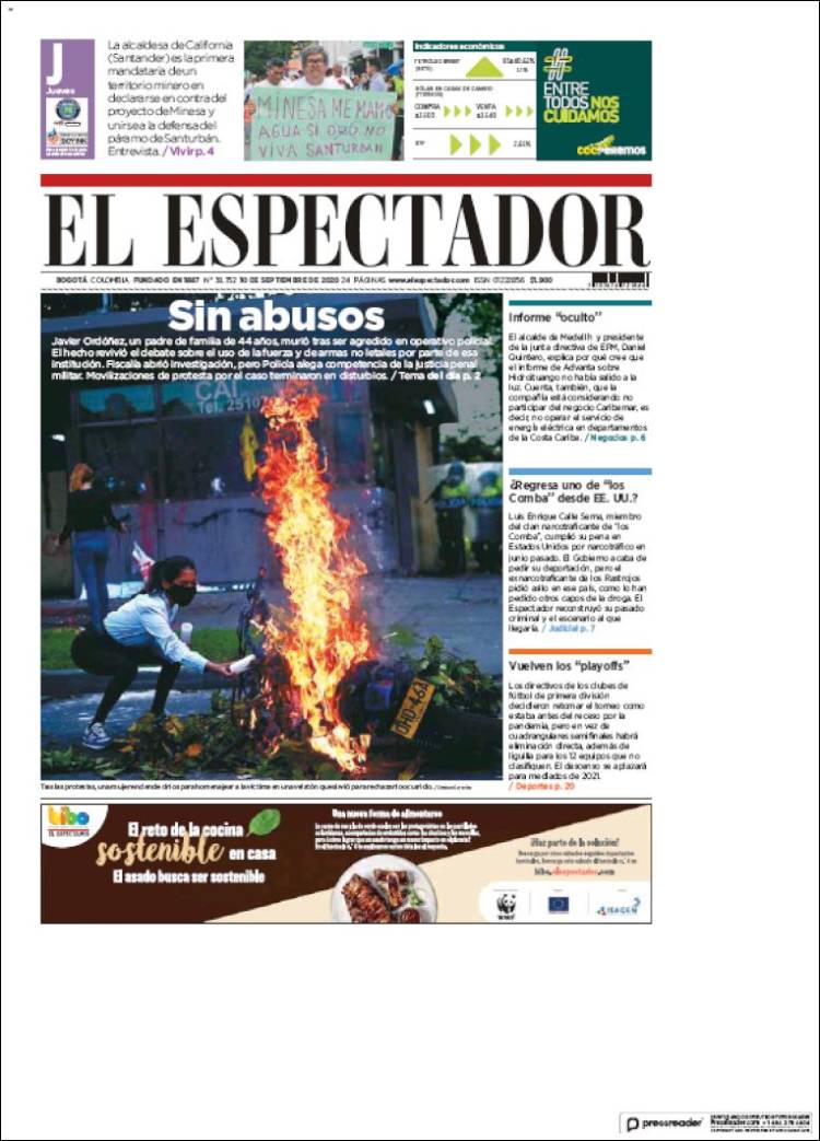 Portada de El Espectador (Colombia)