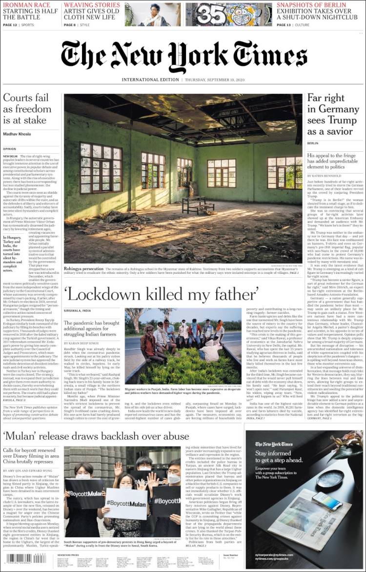 Portada de International New York Times (Europa)