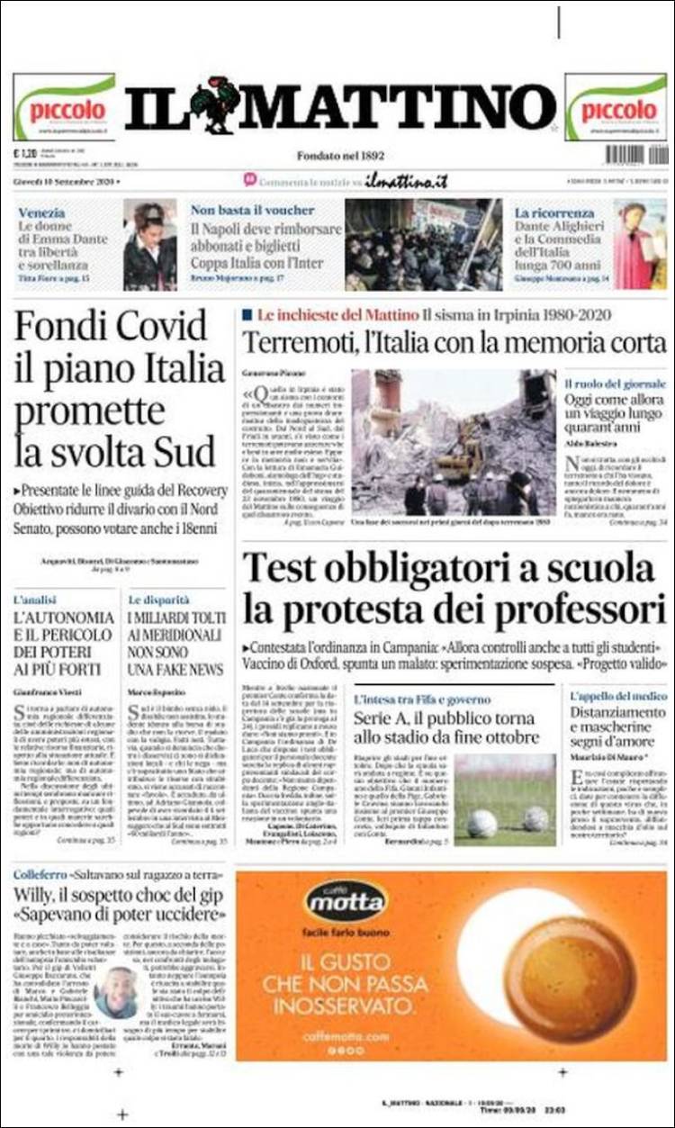 Portada de Il Mattino (Italia)
