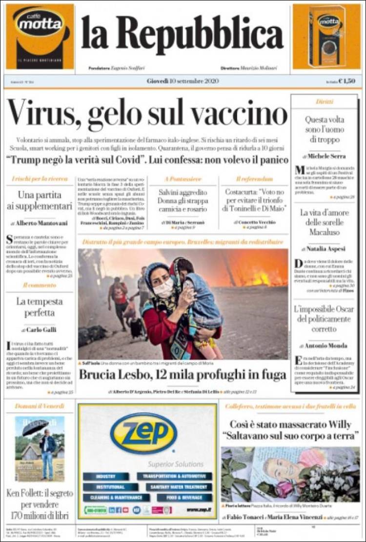 Portada de La Repubblica (Italia)