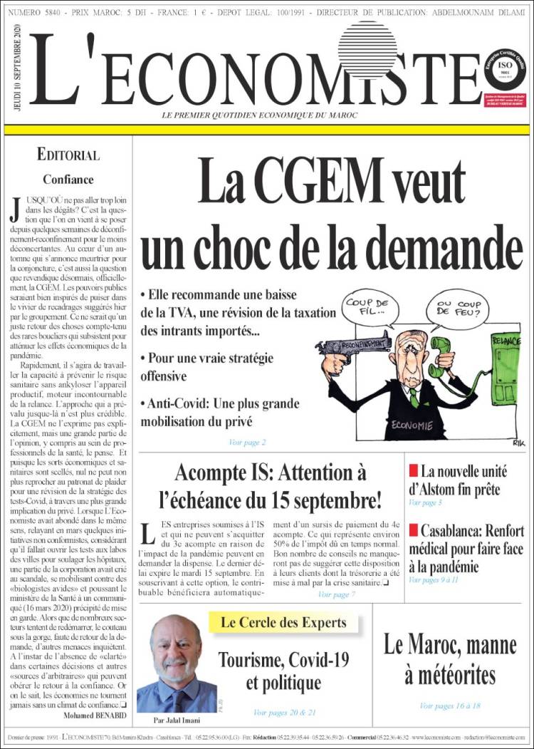 Portada de L'Economiste (Marruecos)