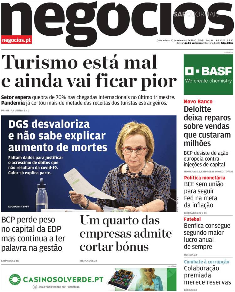 Portada de Jornal de Negócios (Portugal)