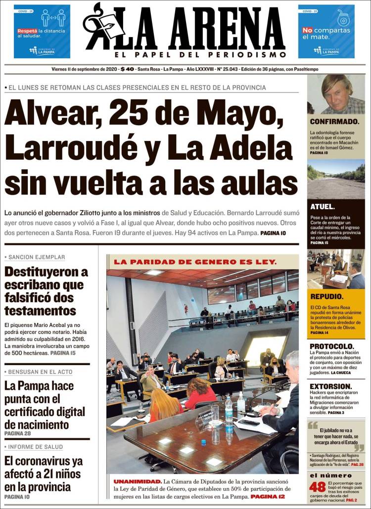 Portada de Diario La Arena (Argentina)