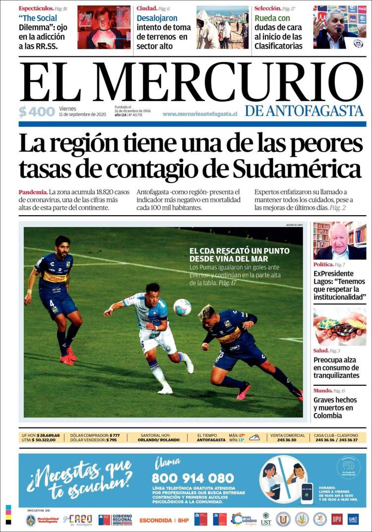 Portada de El Mercurio de Antofagasta (Chile)
