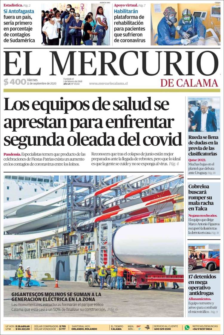 Portada de El Mercurio - Calama (Chile)