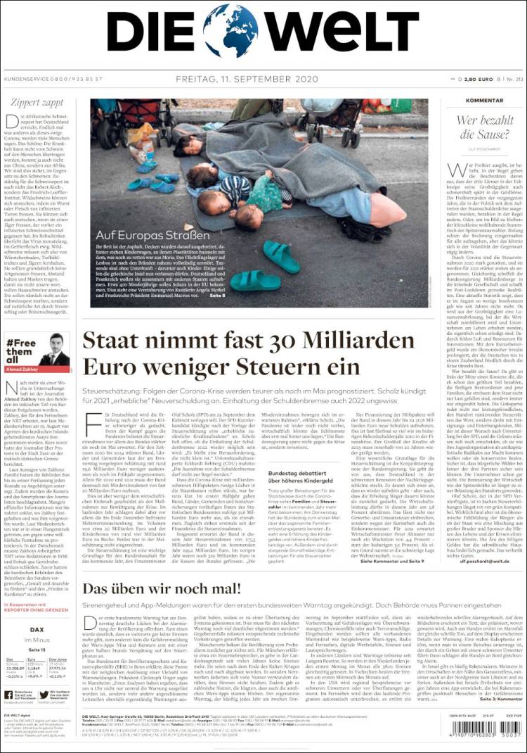 Portada de Die Welt (Alemania)
