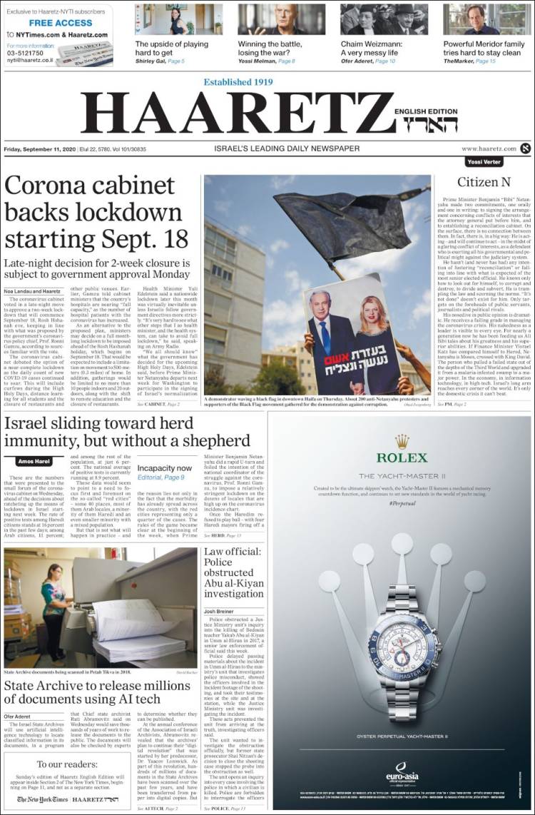 Portada de Haaretz (Israel)
