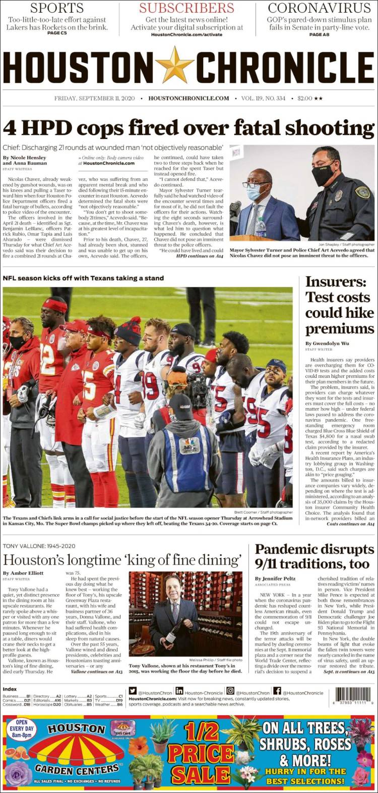 Portada de Houston Chronicle (USA)