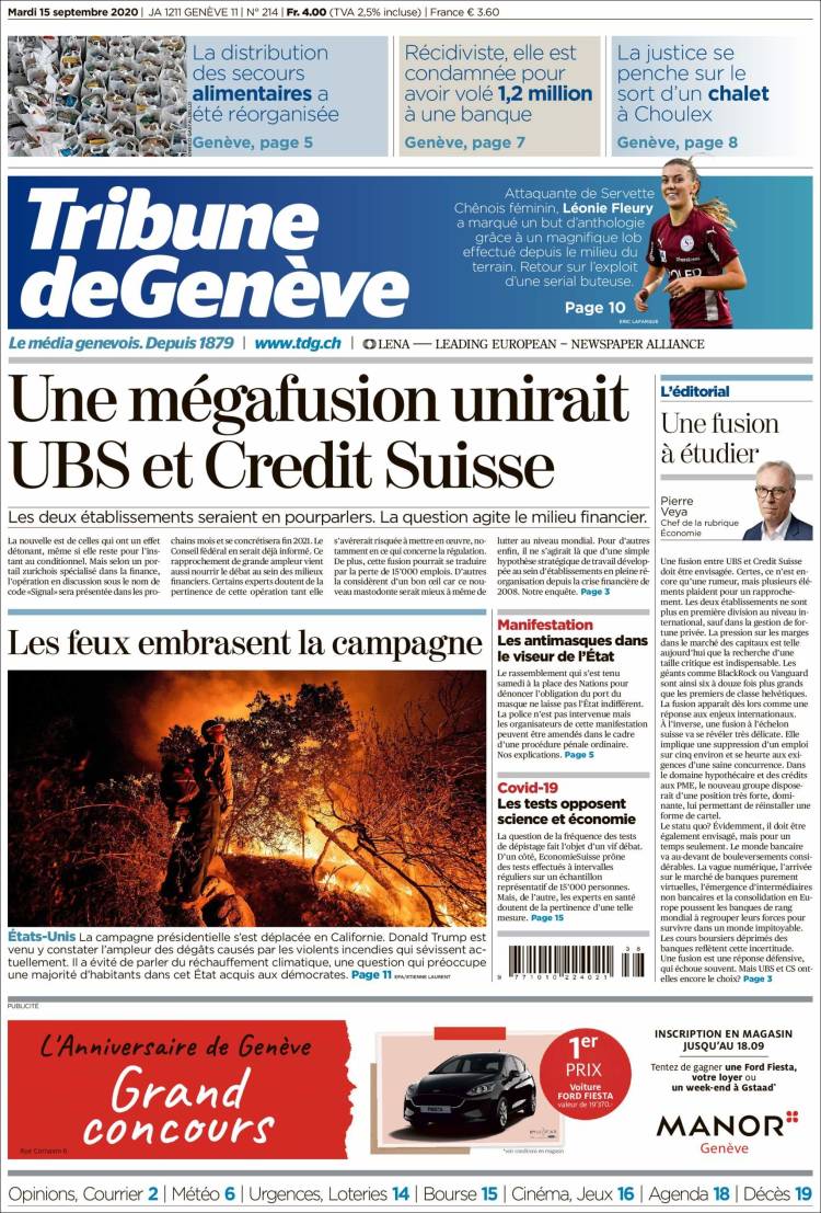 Portada de La Tribune de Genève (Suiza)