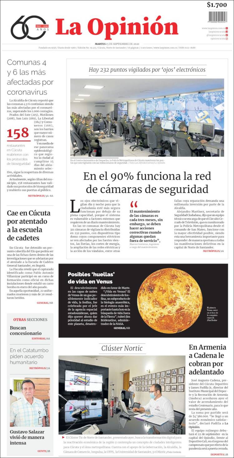 Portada de Diario La Opinion (Colombia)