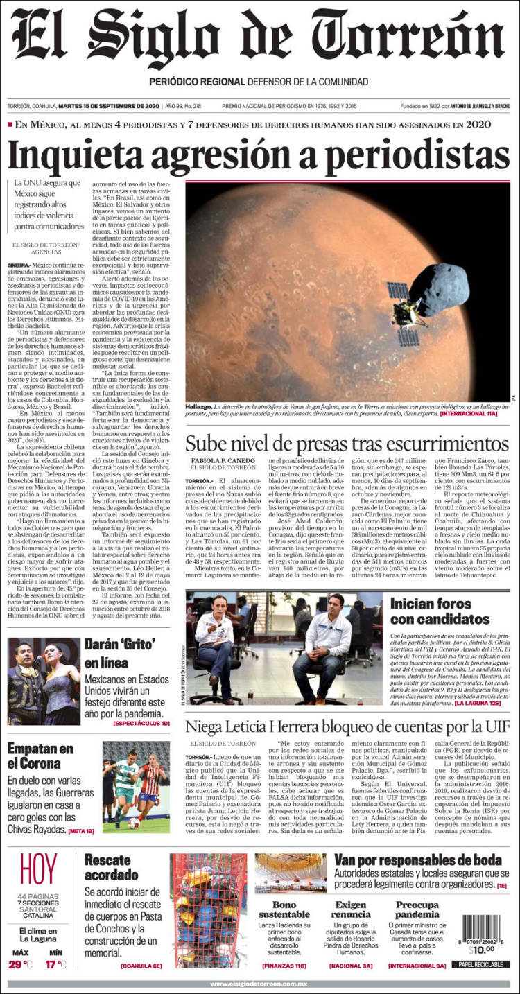 Portada de El Siglo de Torreon (M&eacute;xico)