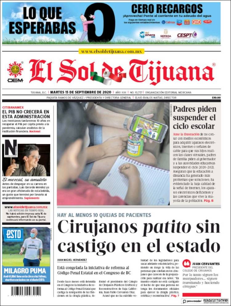 Portada de El Sol de Tijuana (M&eacute;xico)
