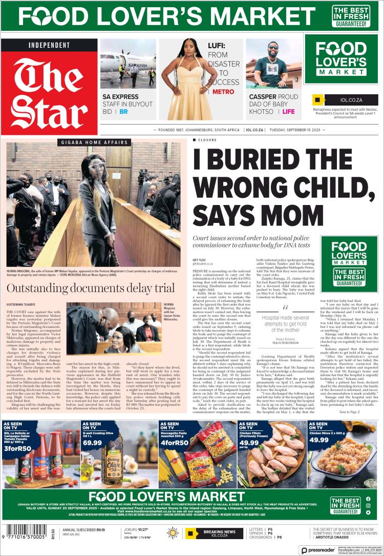 Portada de The Star (Sud&aacute;frica)