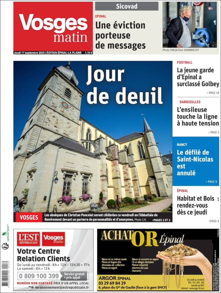 Portada de Vosges Matin (Francia)