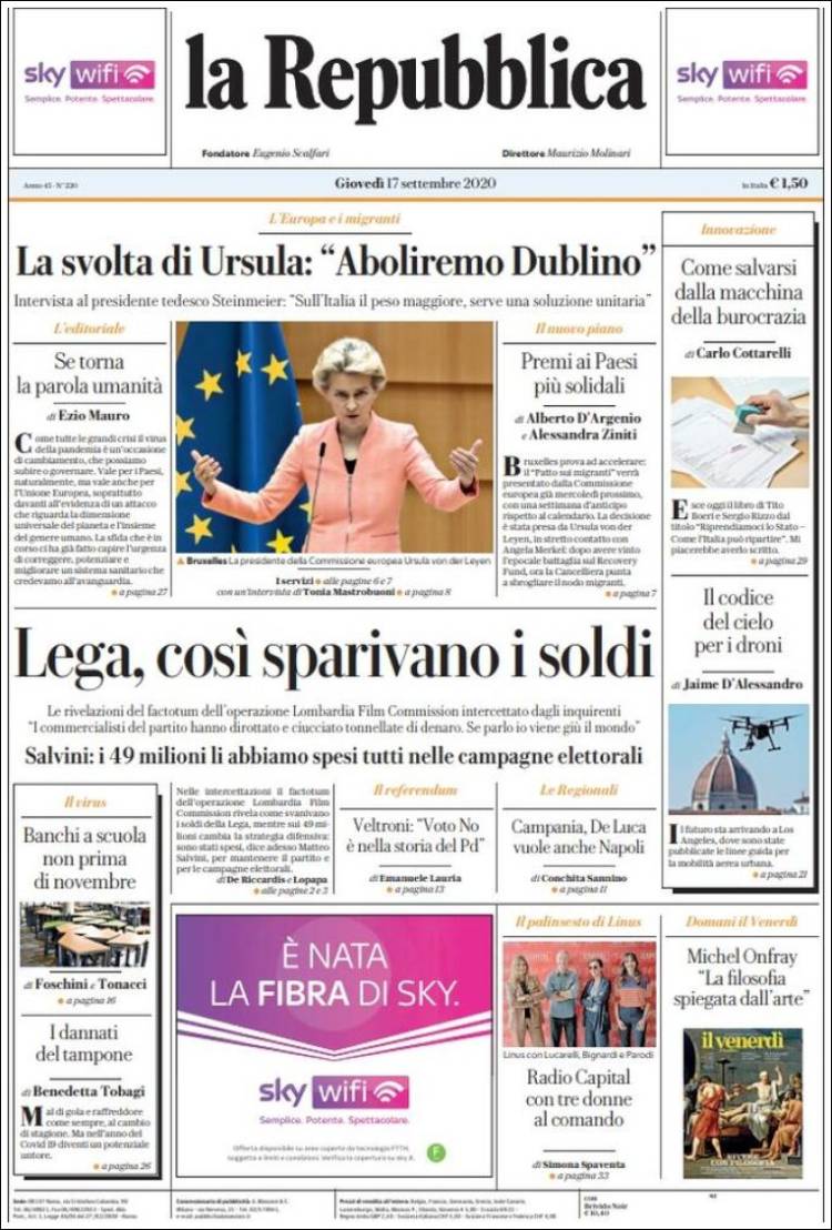 Portada de La Repubblica (Italia)