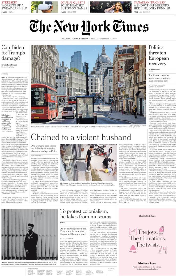 Portada de International New York Times (Europa)