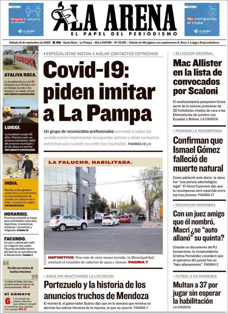 Portada de Diario La Arena (Argentina)