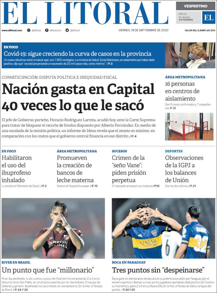 Portada de Diario El Litoral (Argentina)