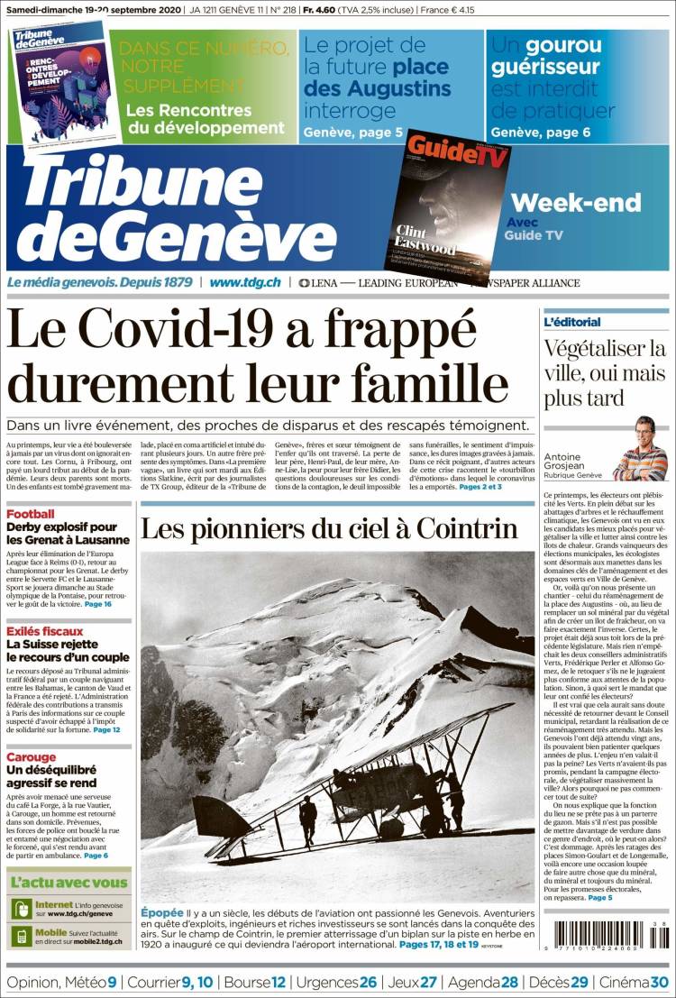 Portada de La Tribune de Genève (Suiza)